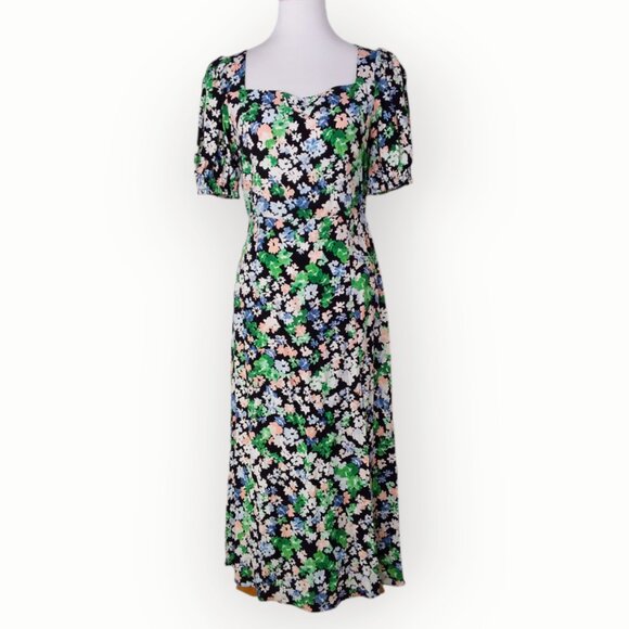 H&M Midi Dress Size Small Black Florals Side Slit Sweetheart Neckline - Picture 2 of 14